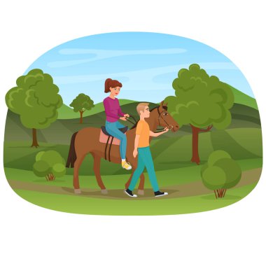 Man leading the horse with the woman riding on it vector illustration. clipart