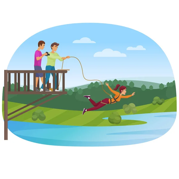 Mulher fazendo bungee jumping com os amigos ilustração vetorial . — Vetor de Stock