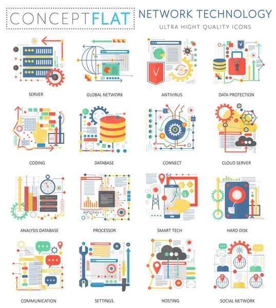 Infográficos mini conceito Ícones de tecnologia de rede e marketing digital para web. Cor de qualidade premium conceitual ícones de design plana web gráficos. Conceitos de tecnologia de rede . —  Vetores de Stock