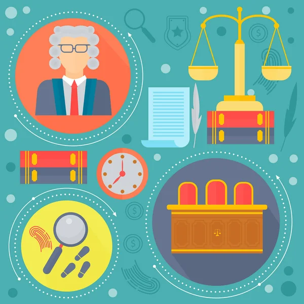 Law and justice design concept with judge, libra scales and court of law tribunal template icons in circles design, web elements, poster banner, Vector illustration. — Stock Vector