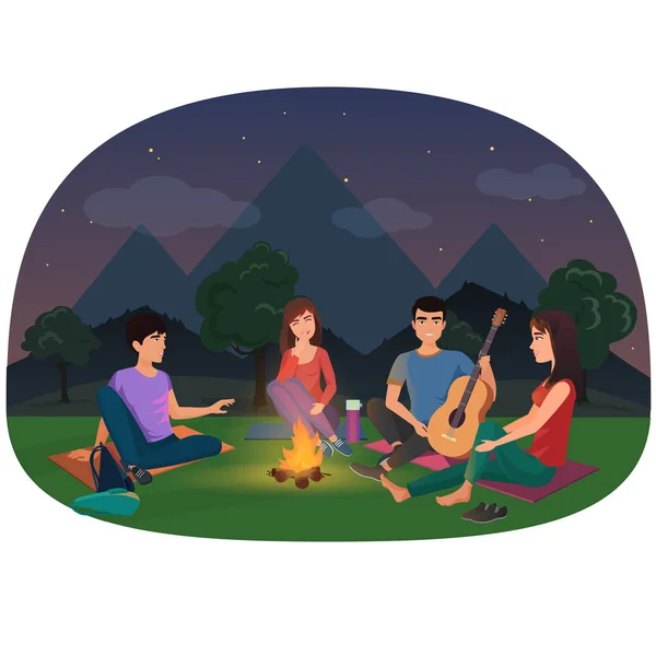 Μια ομάδα φίλων που κάθεται στο το campfire το βράδυ σε εικονογράφηση διάνυσμα βουνά. Κάμπινγκ άτομα πικ-νικ. — Διανυσματικό Αρχείο