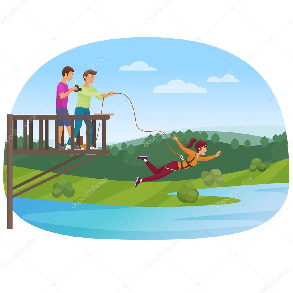 Woman doing bungee jumping with the friends vector illustration.