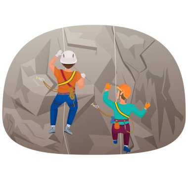 Back view of two people climbing up to the cliff vector illustration. clipart