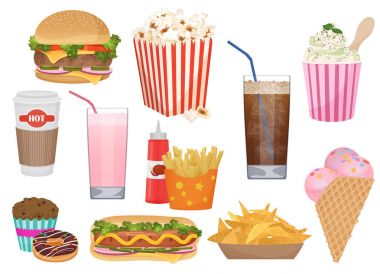 Vektör çizimler farklı iştah açıcı fast food kümesi. Fast food simgeler menü kümesini.