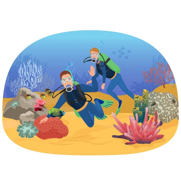 Illustrazione vettoriale delle persone che nuotano nella barriera corallina con i pesci durante le immersioni . — Vettoriale Stock