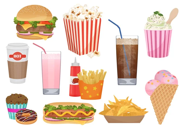 O conjunto de ilustrações vetoriais dos diferentes petiscos fast food. Conjunto de menu de ícones de fast food . —  Vetores de Stock