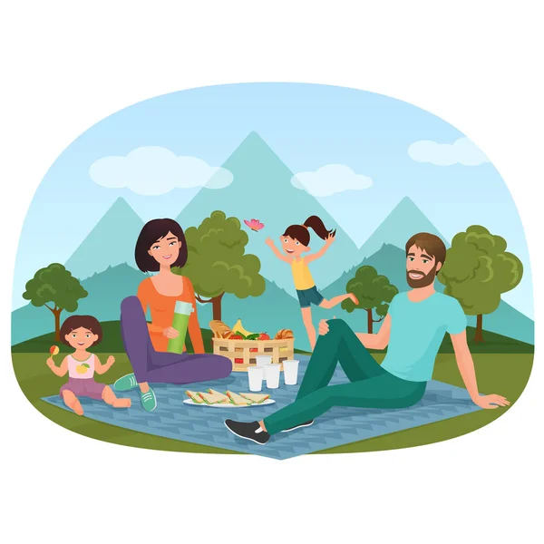 Eltern und Kinder bei einem Picknick im Freien in der Nähe der Berge Vektor Illustration. — Stockvektor