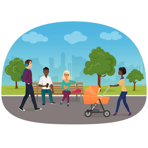 Différentes personnes sont sur leurs allées quotidiennes dans l'illustration vectorielle du parc. Personnes marchant dans le parc de la ville . — Image vectorielle