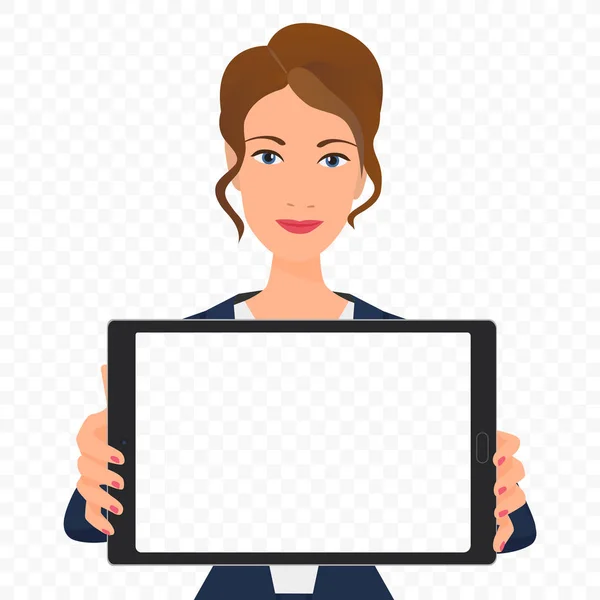 Giovane donna d'affari che mostra lo schermo del computer tablet vuoto. Tablet alfa transperant sfondo . — Vettoriale Stock