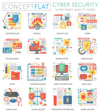 Infographics mini kavramı çevrimiçi iletişim güvenliği, bilgisayar koruma simgeler web için. Premium Kalite renk kavramsal düz simgeler öğeleri. Cuber güvenlik kavramları.