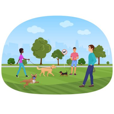 Köpeklerle parkta yürüyüş insanlar vektör Illustration. İnsanlar köpek severler, dogshops.