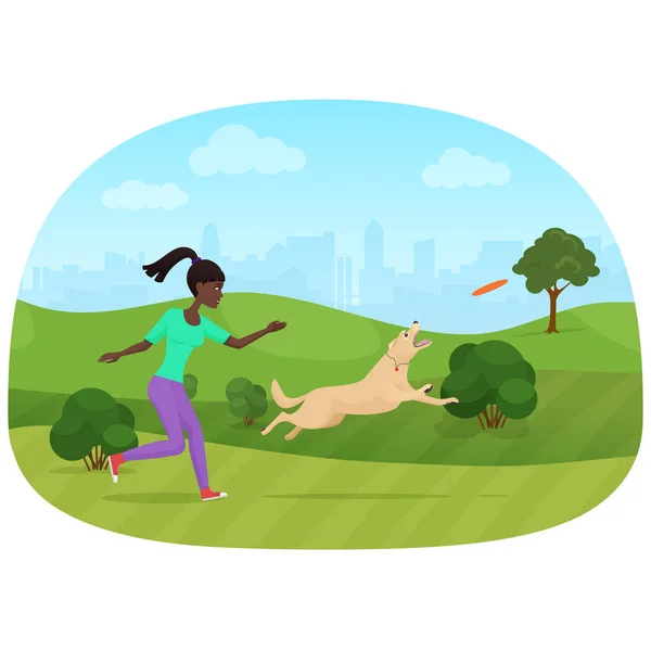 Illustrazione vettoriale della donna africana che gioca con il cane nel parco. Frisbee sport . — Vettoriale Stock