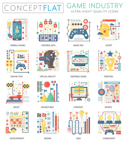 Infographics mini concept Game industry icons for web. Premium quality color conceptual flat design web graphics icons elements. Game industry technology concepts. — Stock Vector