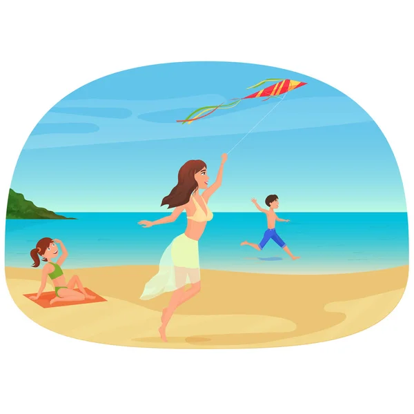 Ilustração vetorial da jovem mãe voando um papagaio com as crianças em uma praia . —  Vetores de Stock