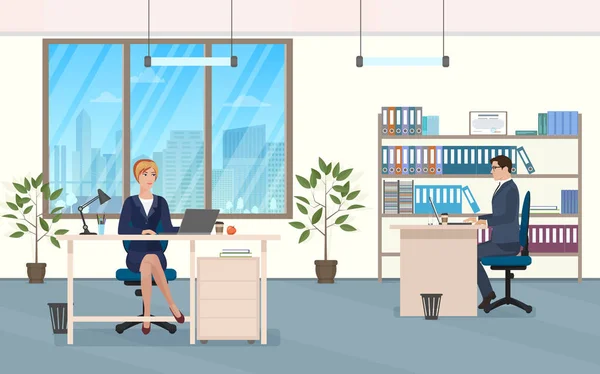 Man en vrouw op het Bureau in het kantoor vector illustratie. — Stockvector