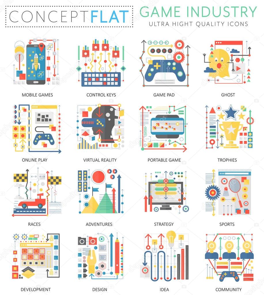 Infographics mini concept Game industry icons for web. Premium quality color conceptual flat design web graphics icons elements. Game industry technology concepts.
