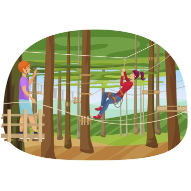 Ağaçlar arasında ipleri üzerinde insanlar eğitim hiking vektör Illustration. Halat Parkı.