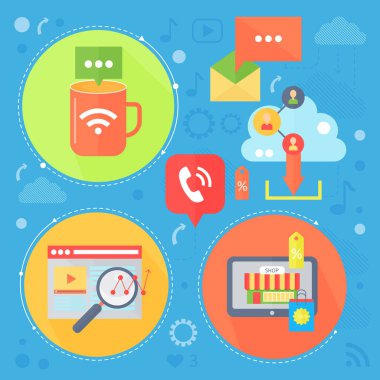 Sosyal ağ ve sosyal medya konsept tasarımı düz. Medya simgeler çevrelerde. Dijital pazarlama infographics şablon banner tasarımı. Vektör çizim.