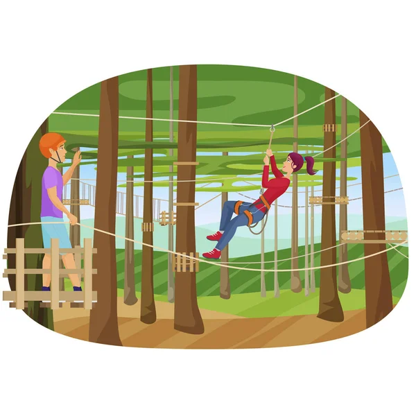 Vector illustration of the people training hiking on the ropes between trees. Rope park. — Stock Vector