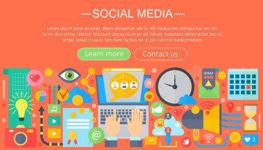 Modern düz tasarım sosyal medya kavramı. Sosyal Medya Icons Web sitesi başlık, app Tasarım poster. Dijital pazarlama Infographics şablonu. Vektör çizim.