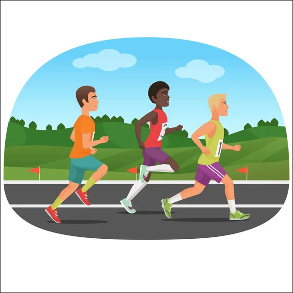 Três jovens desportistas a correr ao ar livre. Jogando maratona de pessoas. Brancos e negros correndo juntos . — Vetor de Stock