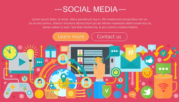 Moderno design piatto Concetto di social media. Icone dei social media Intestazione del sito web, poster di design dell'app. Digital marketing Modello infografico. Illustrazione vettoriale . — Vettoriale Stock