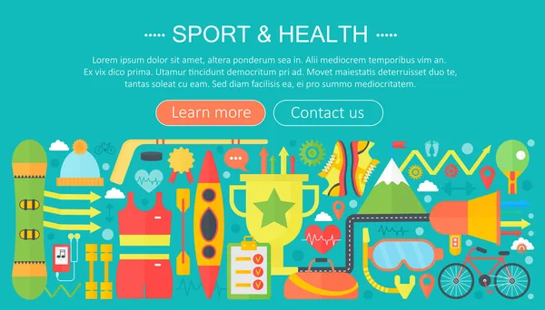 Gezonde levensstijl concept met eten en sport pictogrammen. Sport en fitness platte conceptontwerp infographics sjabloon header. Vectorillustratie. — Stockvector