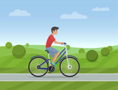 Genç adam bir park yolda Spor Bisiklete binmek. Vektör çizim. Erkek Bisiklet