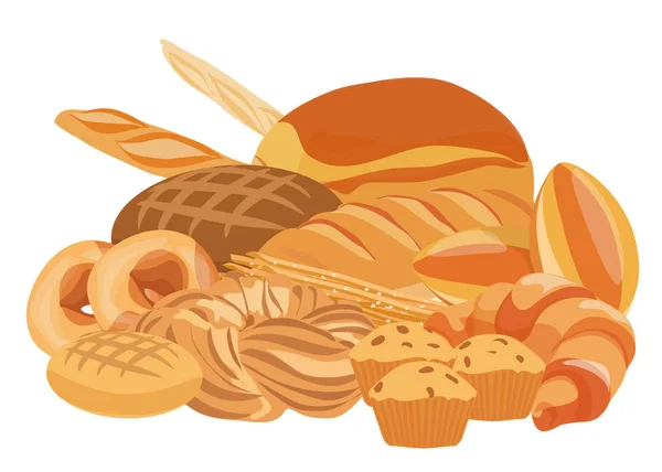 Ekmek ve pastane ürünleri birlikte ayarlayın. Ekmek, kek, hamur ve kekler Pastane dükkanı için. Unlu gıda tasarım. — Stok Vektör