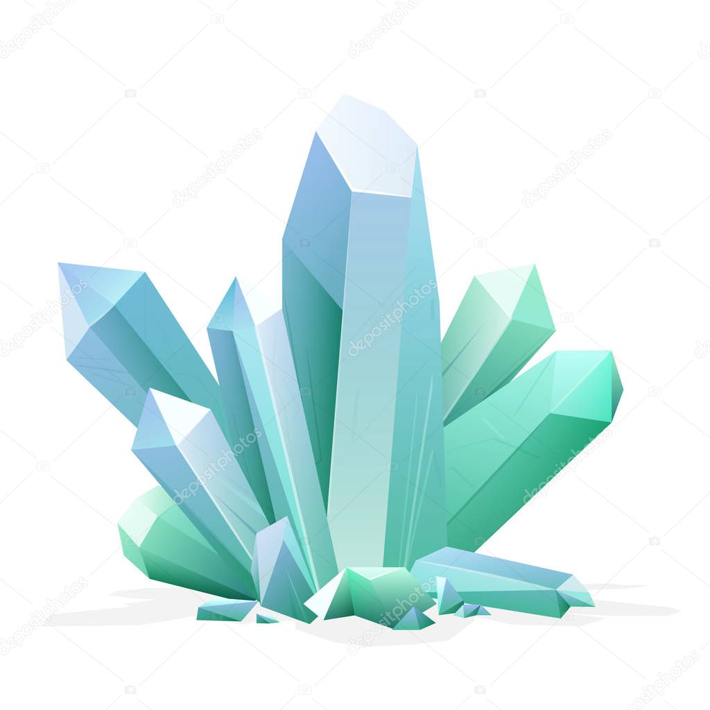 Magic crystal. Amethyst, topaz, blue quartz, ruby green gemstone. Game treasure element.