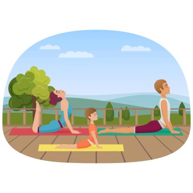 Anne kız çocuğu ile çeşitli egzersizleri yoga yapar. Aile yoga vektör çizim.