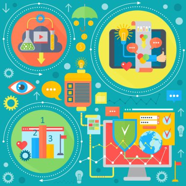 Web Tasarım ve cep telefonu hizmetleri apps düz kavramı. Web tasarım, web uygulama geliştirme için simgeler. Programlama infographics şablon tasarım. Vektör çizim.