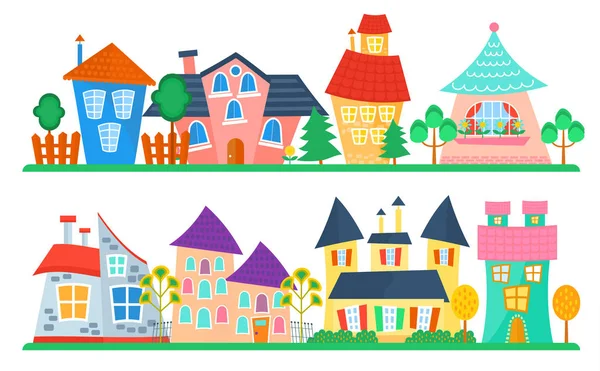 Sevimli çizgi koleksiyon ev sahipliği yapmaktadır. Komik renkli çocuk vektör evi set. Çocuklar sokak. — Stok Vektör
