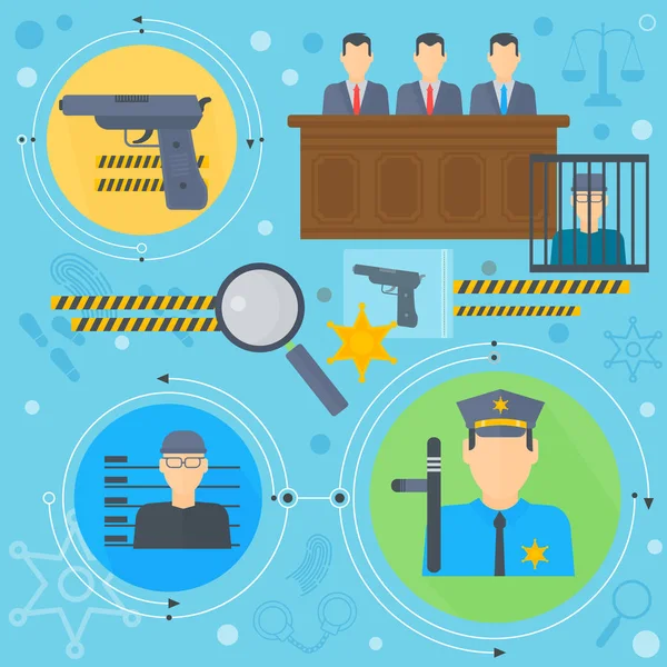 Lag och rättvisa designkoncept med fånge, polis och domstol tribunal infographics mall ikoner i cirklar design, webb-element, affisch banner, vektorillustration. — Stock vektor