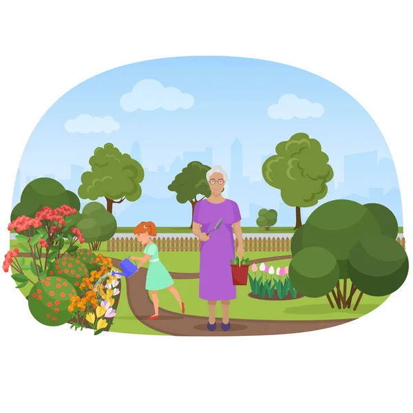 Illustrazione vettoriale della ragazza che annaffia fiori con la nonna nel proprio giardino . — Vettoriale Stock