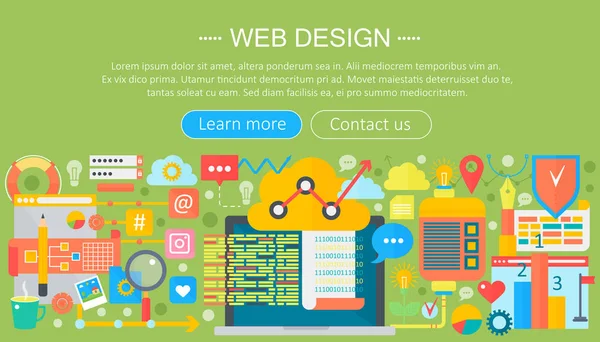 Concetto piatto di web design. Programmazione applicazioni infografiche progettazione modello di intestazione. Illustrazione vettoriale . — Vettoriale Stock