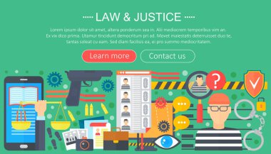 Hukuk ve adalet kavramı ile mahkum ve silah infographics şablon tasarımı, web başlık öğeleri, poster afiş tasarım. Suç vektör çizim.