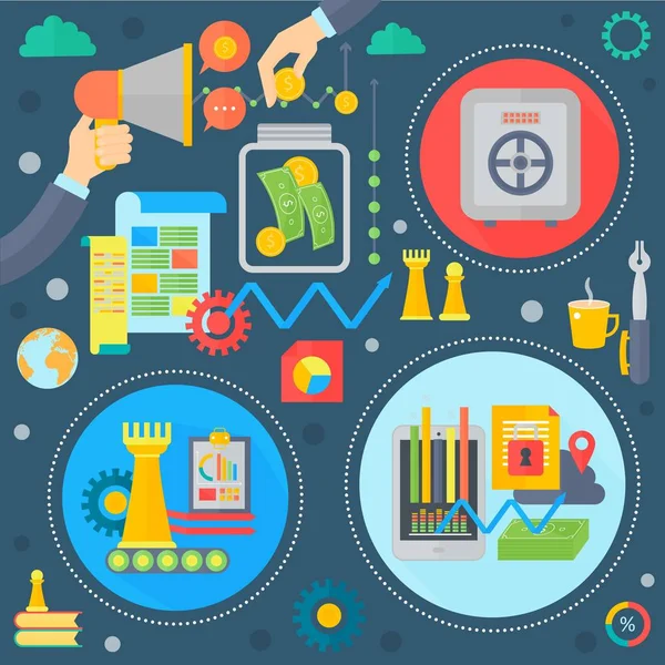 İş ve Finans düz kavramı. İş stratejisi infographics şablon simgeler daire tasarım, web elemanları, poster afiş, vektör çizim.
