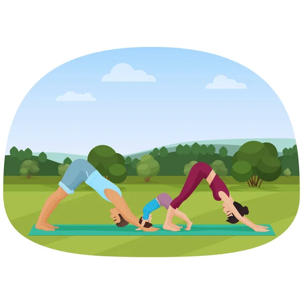 Los padres con niño hace yoga varios ejercicios. Ilustración del vector yoga familiar . — Vector de stock