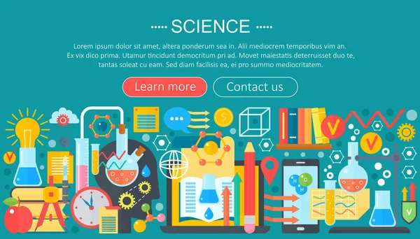 Flat design concept of science. Horizontal banner with scientist laboratory workplace. Scientific research experiment infographics template design, web header icons elements.Vector illustration. — Stock Vector