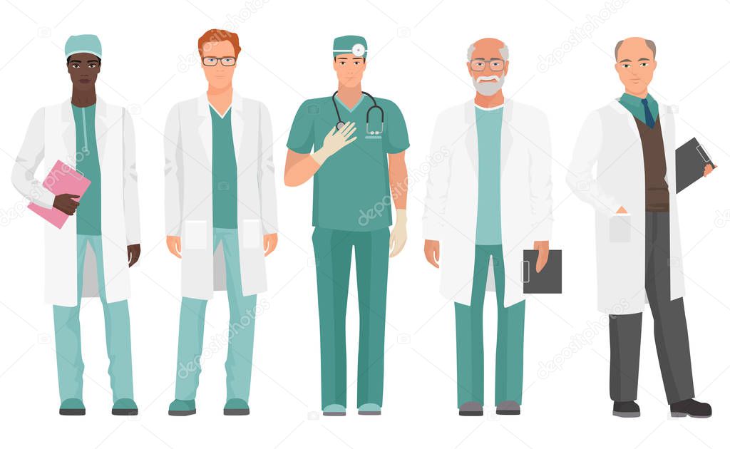Male Doctor. African American and Caucasian doctor set. Vector illustration.