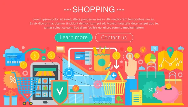 Koncept nakupování Online a E-cesťák nakupování. Online e commerce infografiky šablony design, webové záhlaví nákupní ikony prvků. Vektorové ilustrace. — Stockový vektor