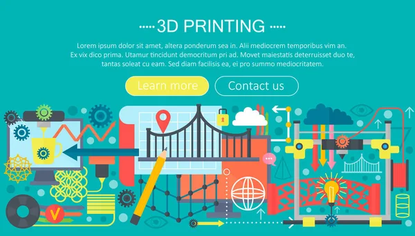 3D yazıcı teknolojisi düz kavramı ayarlayın. Başlık web 3D modelleme, yazdırma ve tarama. — Stok Vektör