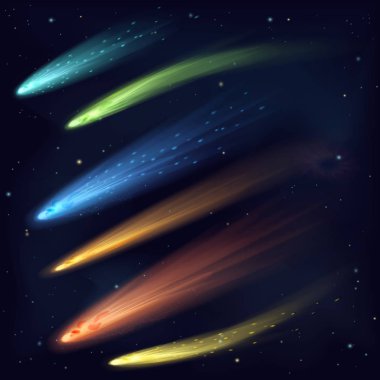 Farklı göktaşları, kuyruklu yıldız ve galaksi uzay ateş topları.