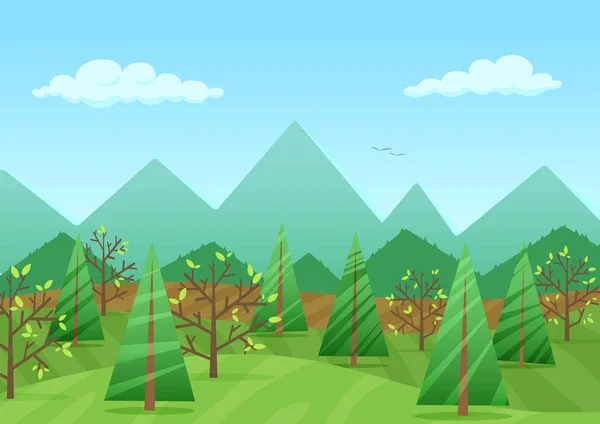 The peaceful green landscape with mountains and plants vector illustration. — Stock Vector