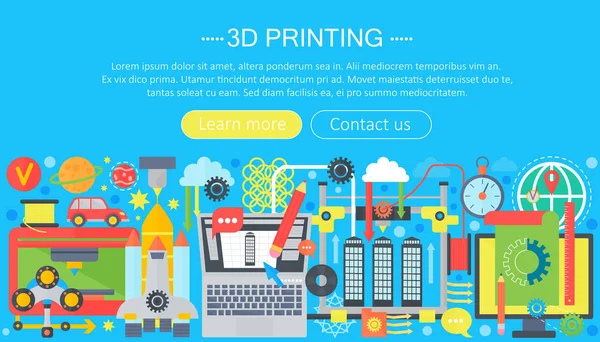 Set concetto piatto di tecnologia stampante 3d. Intestazione web di modellazione, stampa e scansione 3d . — Vettoriale Stock