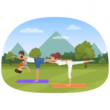 Anne ile kızı çocuk çeşitli egzersizleri yoga yapar. Aile yoga vektör çizim.