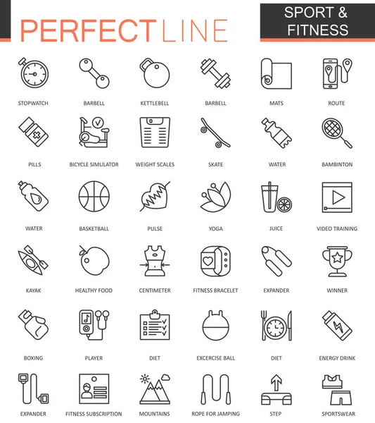 Spor ve fitness ince çizgi web Icons set. Anahat simgesi tasarım. — Stok Vektör