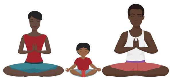 Africká americká rodinná jóga vektorové ilustrace. Medituje, samostatný. — Stockový vektor