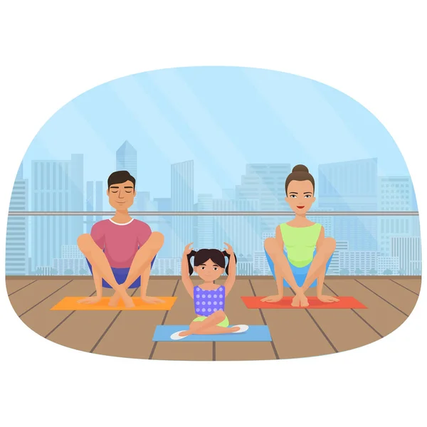 年轻的白人们家庭冥想在城市背景下的健身室. — 图库矢量图片